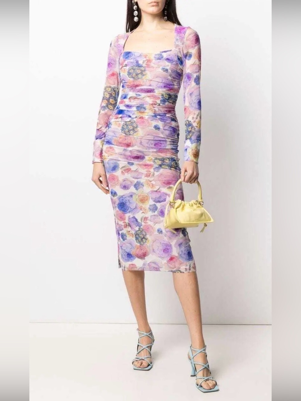 Ganni Purple Floral Sheer Draped Long Sleeve Midi Dress